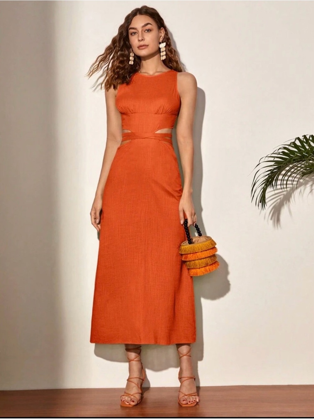Sleeveless Orange linen Midi Dress NWT